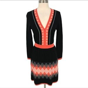Milly Wool V-Neck A-Line Geo Print Sweater Dress Black Orange Gray Size Small
